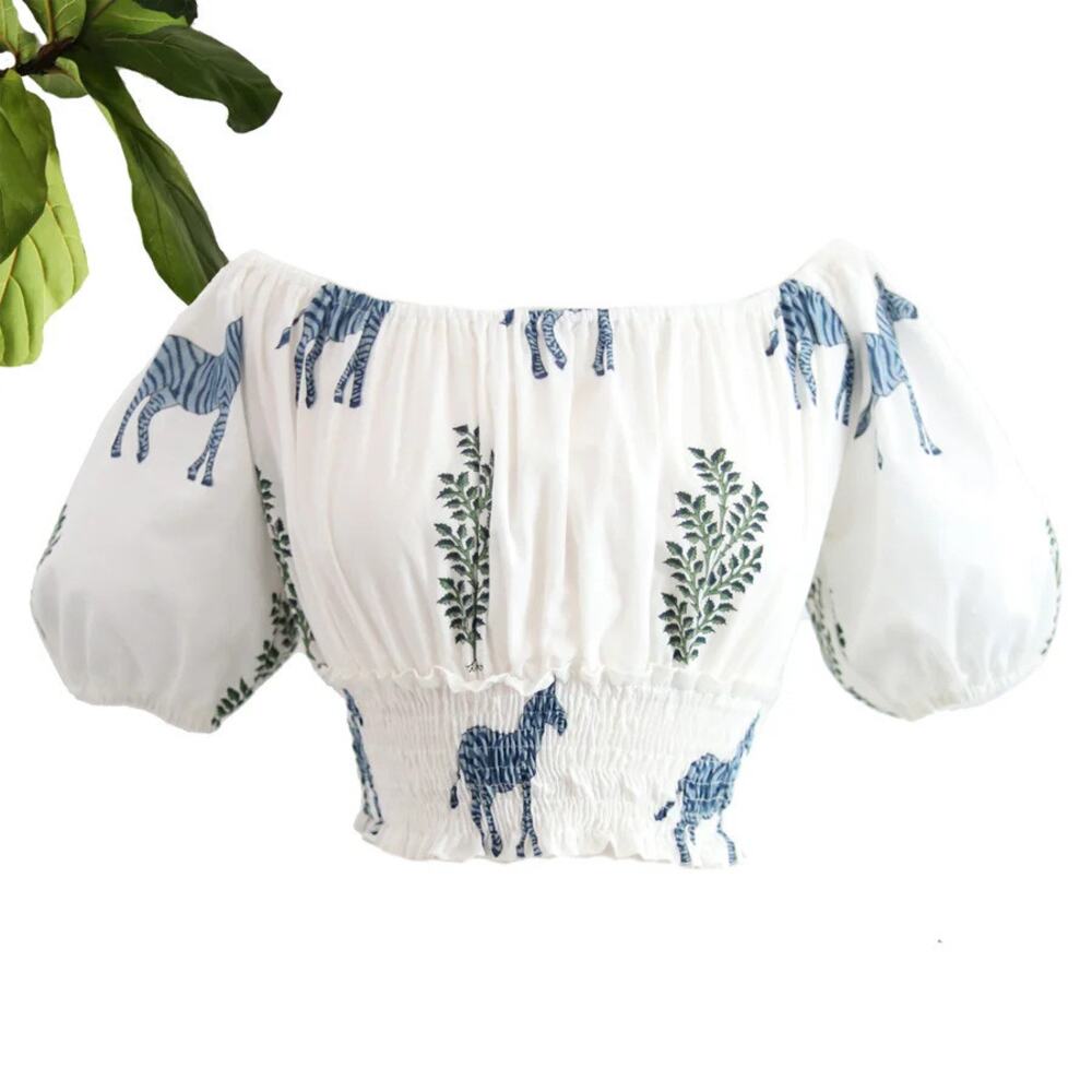 CJ Laing Marina‎ Blouse White Indigo Jukani Zebra Cropped Smocked Top Women's S